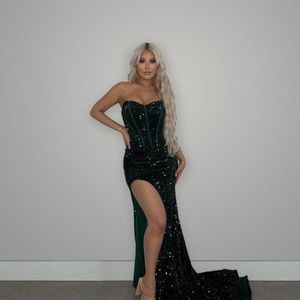 Green Sequin Slit Gown